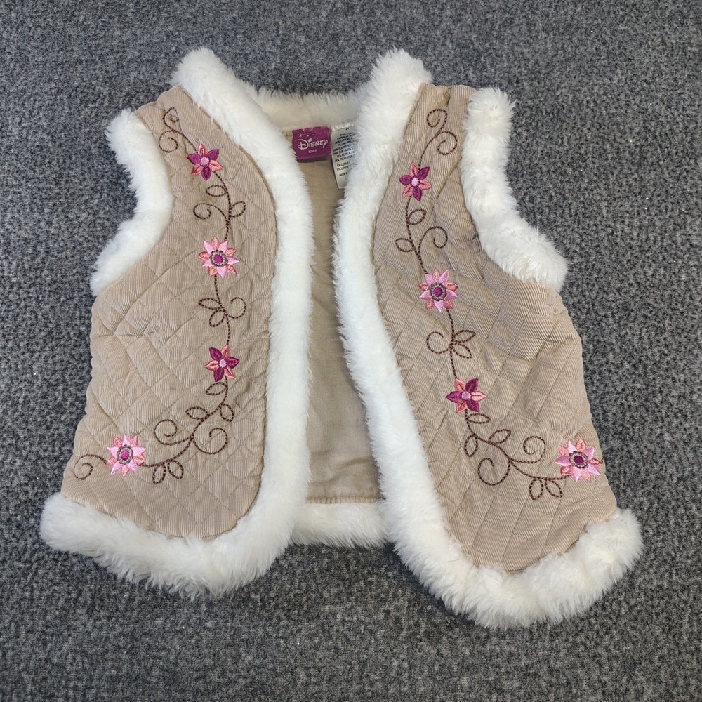 Disney Quilted Corduroy Vest Toddler Girls 2T Tan Pink Floral Faux Fur Trim